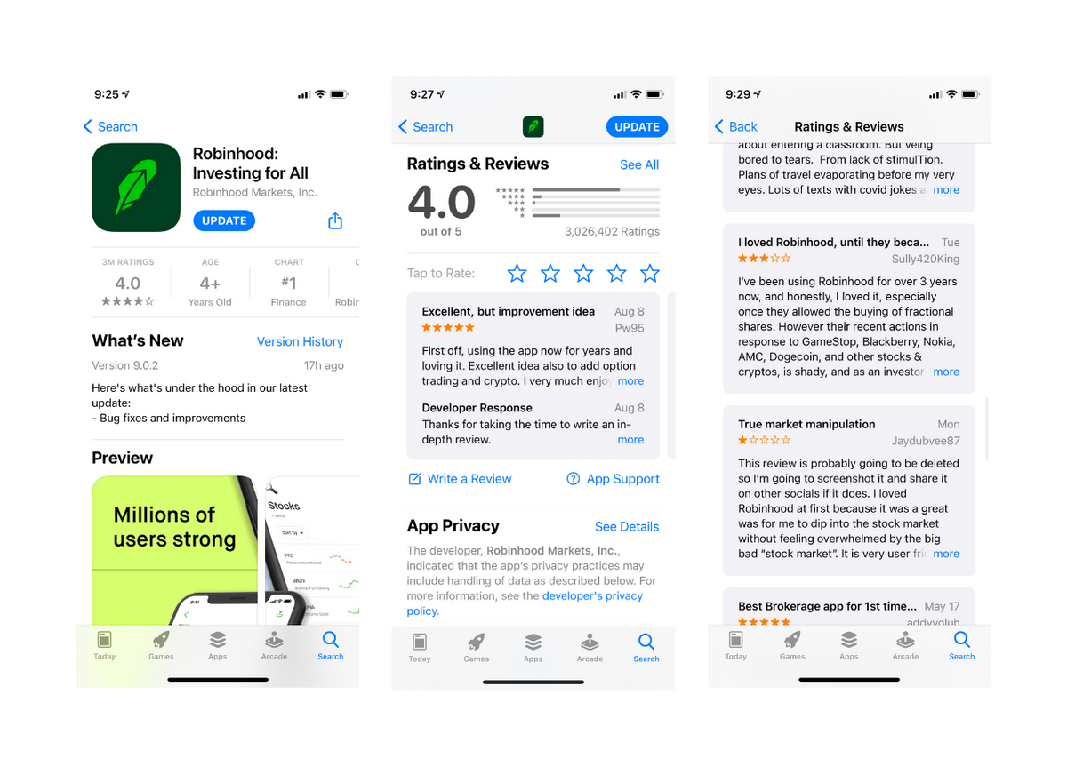 Screenshots from Robinhood's current app page in the US.